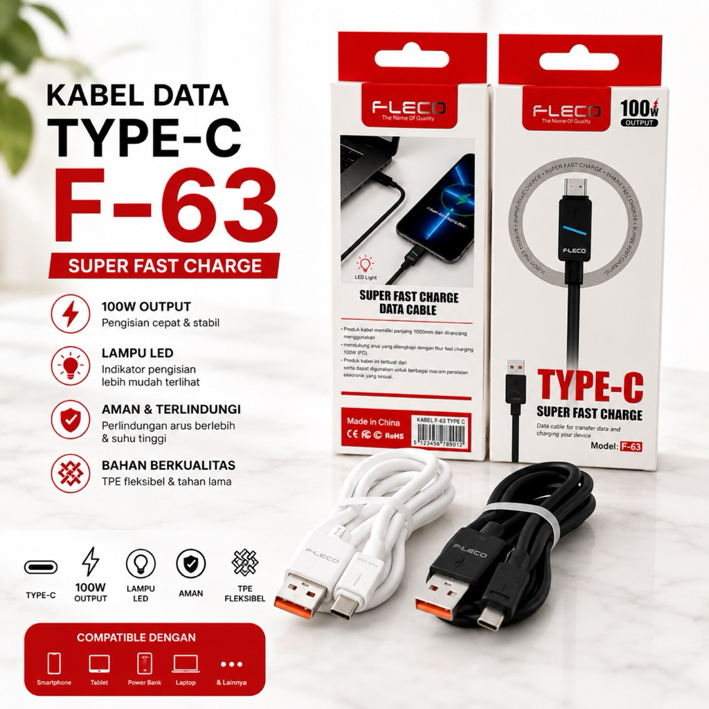 Super Fast Data Cable ORIGINAL FLECO F-63 6A Led 100W USB To MICRO / Type-C Kabel Fast Charging F63