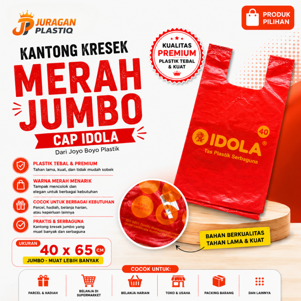 KANTONG KRESEK JUMBO IDOLA MERAH – UKURAN 40 - ISI 20 LEMBAR | PLASTIK KRESEK BESAR TEBAL KUAT | PLA