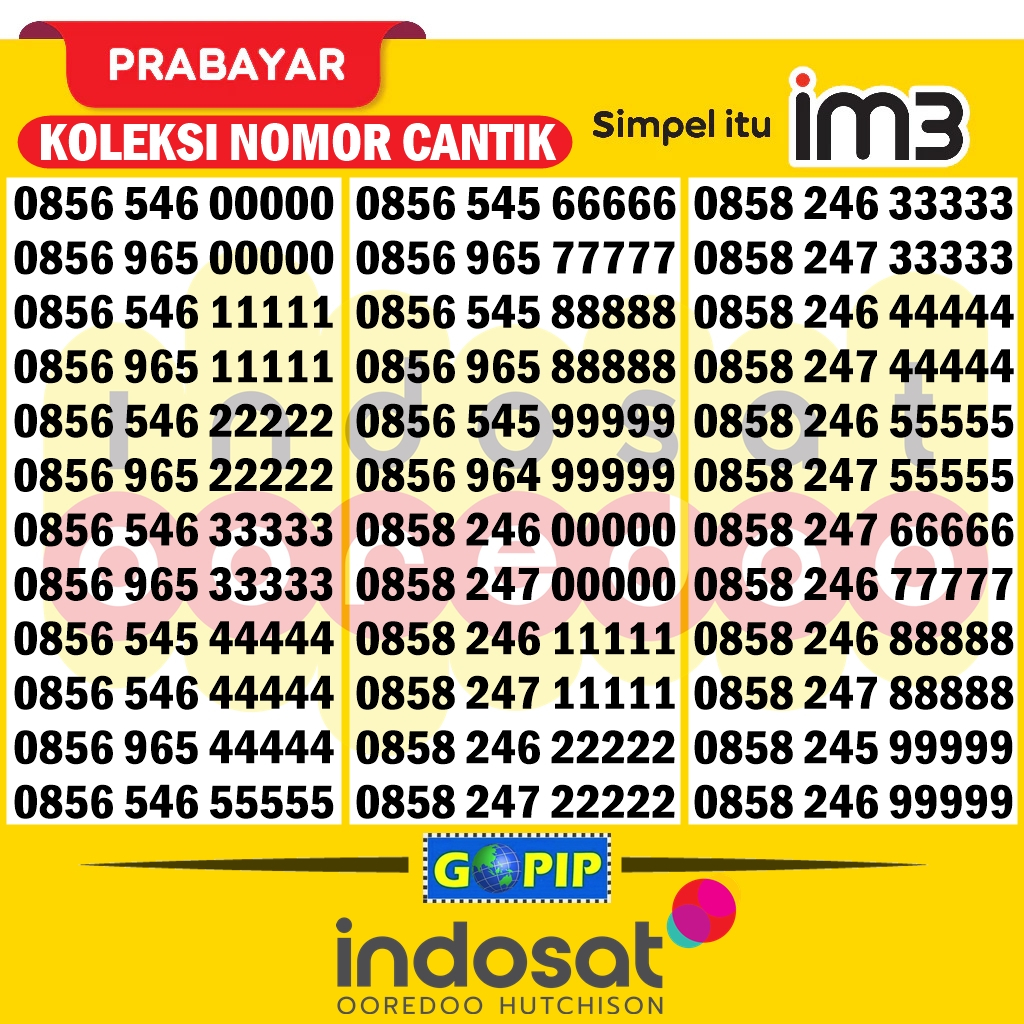 Nomor Cantik Im3 00000 11111 22222 33333 44444 55555 66666 77777 88888 99999 Kartu Perdana Indosat S