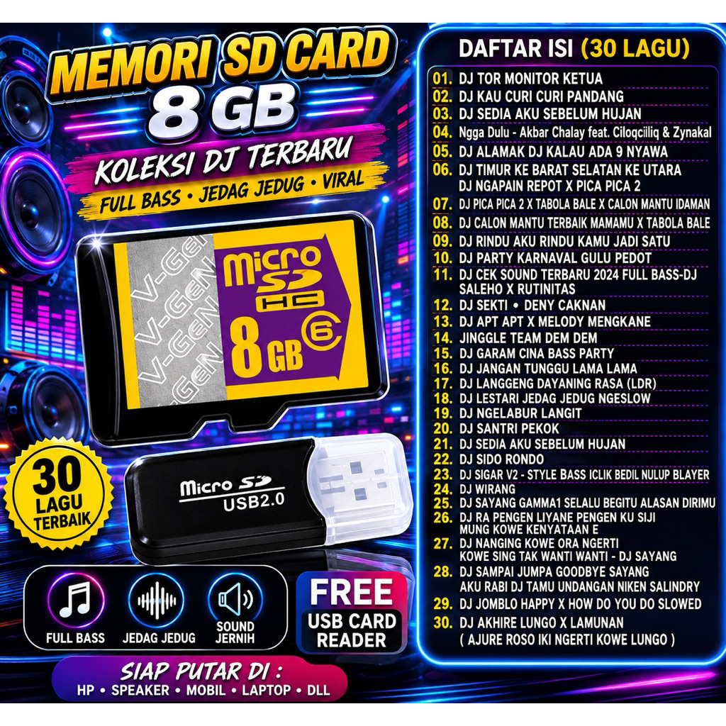 MEMORI 8GB ISI 30 LAGU DJ FULL BASS PILIHAN FREE USB CARD REDER