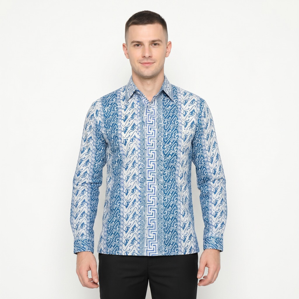 |Magnus| Kemeja Batik Pria Lengan Panjang Bahan Doby Sutra ATBM Lapis Furring Arrow Tribal Baby Blue