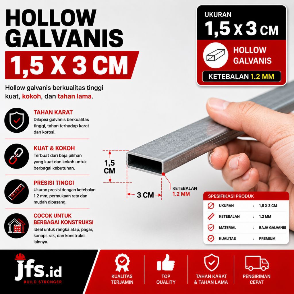 Besi Hollow Galvanis 1,5x3cm Tebal 1,2mm | Hollow 2x3 kecil | Pipa Kotak Galvanis