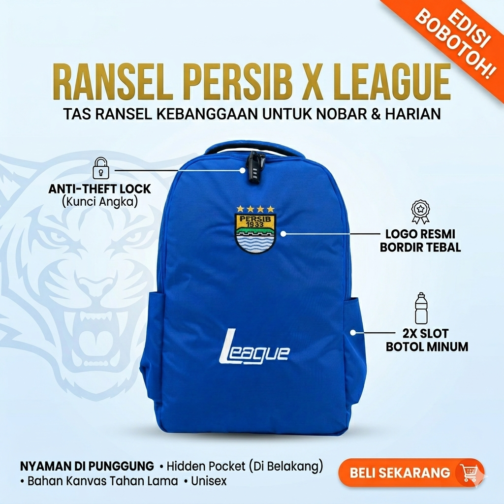 Tas Punggung Backpack PERSIB Bandung x League Original | Tas Anti Copet Hidden Pocket Biru