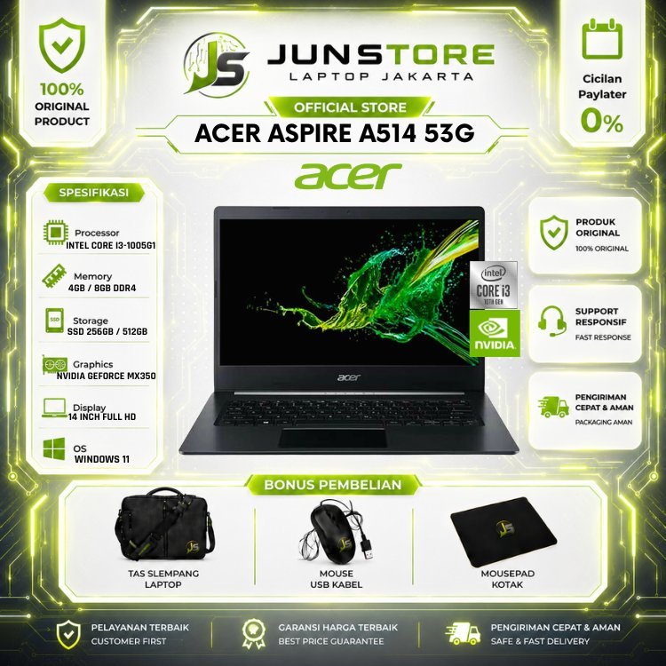 ACER Aspire A514 53G Intel Core i3-1005G1 RAM 8GB SSD 512GB 14FHD MX350 Win11+Office FREE Tas Mouse