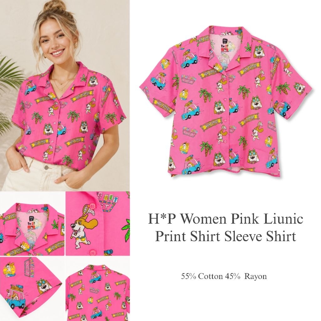 H*P Women Pink Liunic Print Short Sleeve Shirt/Kemeja Wanita Original Branded/Kemeja wanita Terbaru