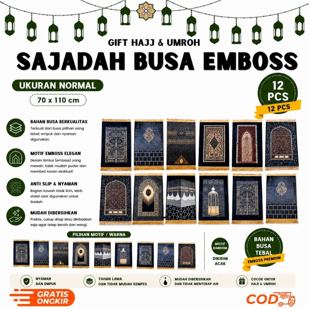 SAJADAH EMBOSS 12 PCS SAJADAH EMBOSS TEBAL LEMBUT UKURAN 70 X 110 SAJADAH PREMIUM TURK MOTIF BUNGA K