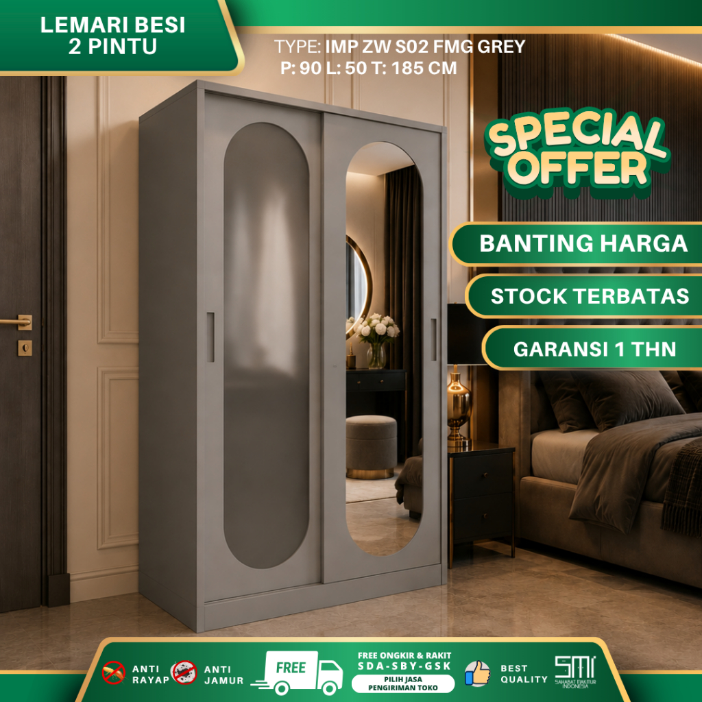 Lemari Pakaian Besi 2 Pintu Sliding  90 Reguler, Lemari Baju Full Besi, Metal Wardrobe Sliding
