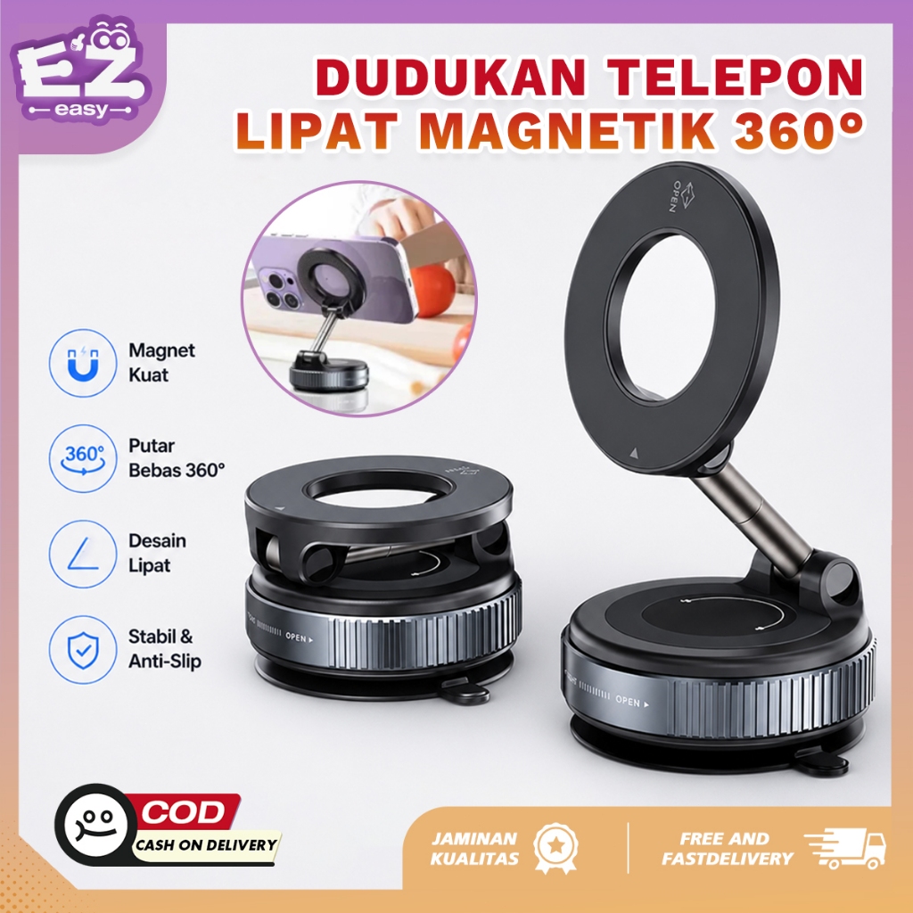 Dudukan HP Vakum Magnetik 360° Holder HP Mobil Meja Tempel Kuat Bisa Lipat