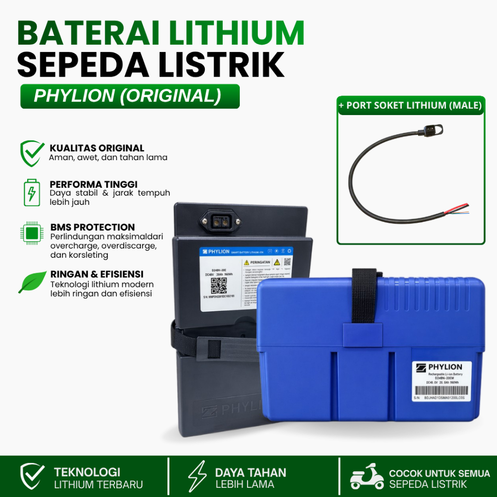 Aki Lithium Phylion Sepeda Listrik 48V/12AH & 48V/20AH - ORIGINAL PHYLION + PORT SOKET LITHIUM