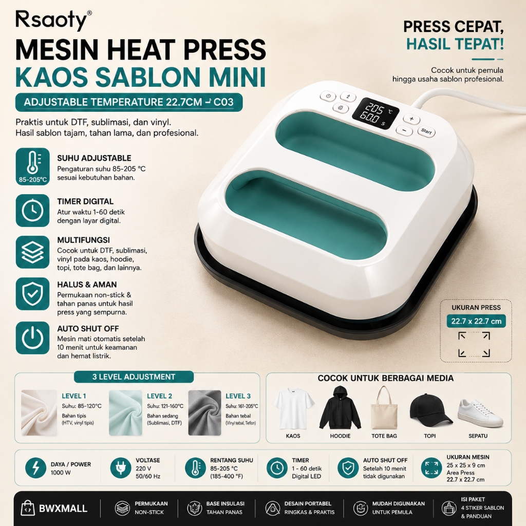 Mesin Heat Press Kaos Sablon Mini Setrika Sablon Digital Portabel Alat Cetak Kaos Custom DTF Sublima