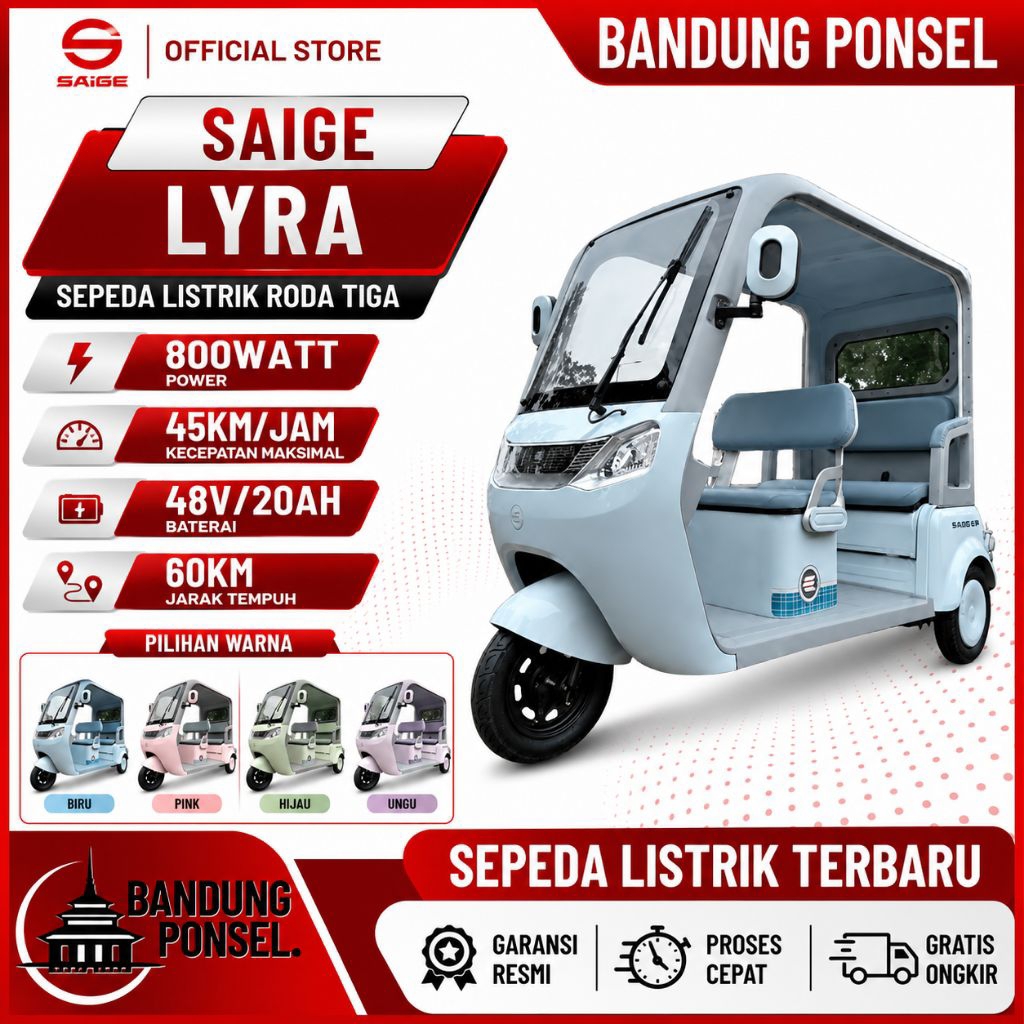 Saige Lyra Roda 3 Sepeda Listrik Model Cladik Terbaru 800Watt Tenaga Motor Garansi Resmi