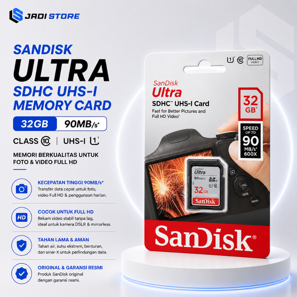 SanDisk Memory SDHC 32GB CL10 UHS-1 90MB/s Kartu Memori Kamera Digital Memory Card SD Card Kamera Vi