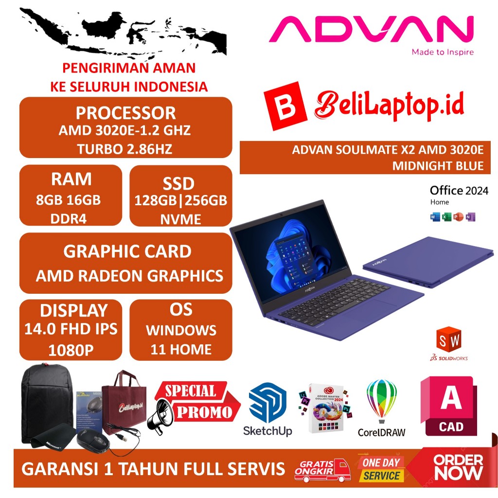 FLASH SALE ADVAN SOULMATE X2 AMD 3020E 8GB 128GB FHD IPS WIN11HOME MIDNIGHT BLUE SLEEVE CASE ADVAN