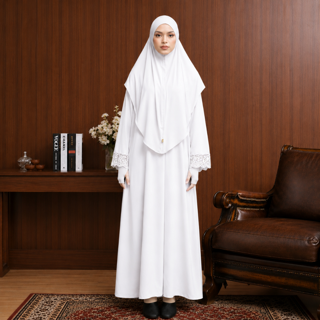 TUBITA - Meena Lace Broken White Abaya Umroh Gamis Haji dan Umroh Polos Wanita Elegan