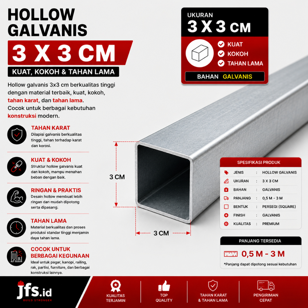 Besi Hollow Galvanis 3x3 cm Tebal 1,2mm | Stall Galvanis 3x3cm