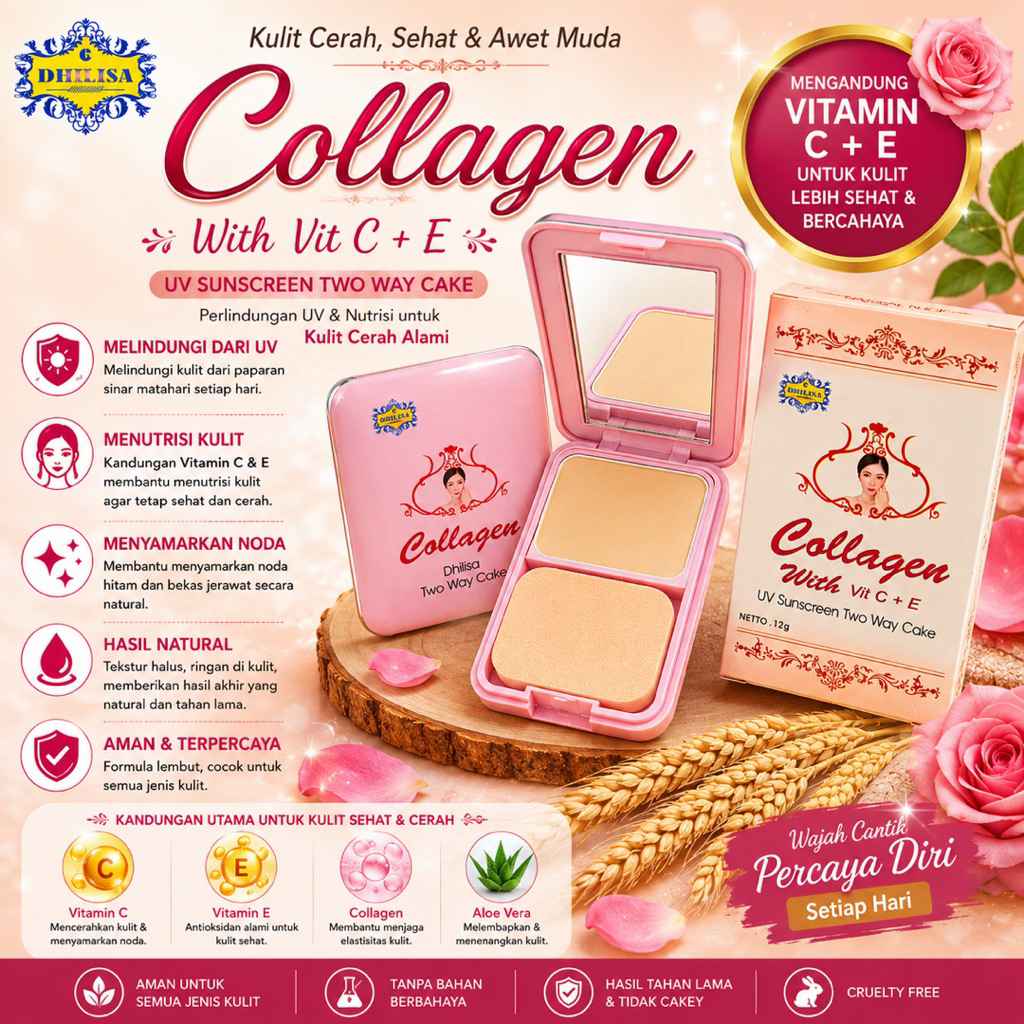 (BPOM) Collagen Two Way Cake Bedak Padat With Vit C & E Dhilisa