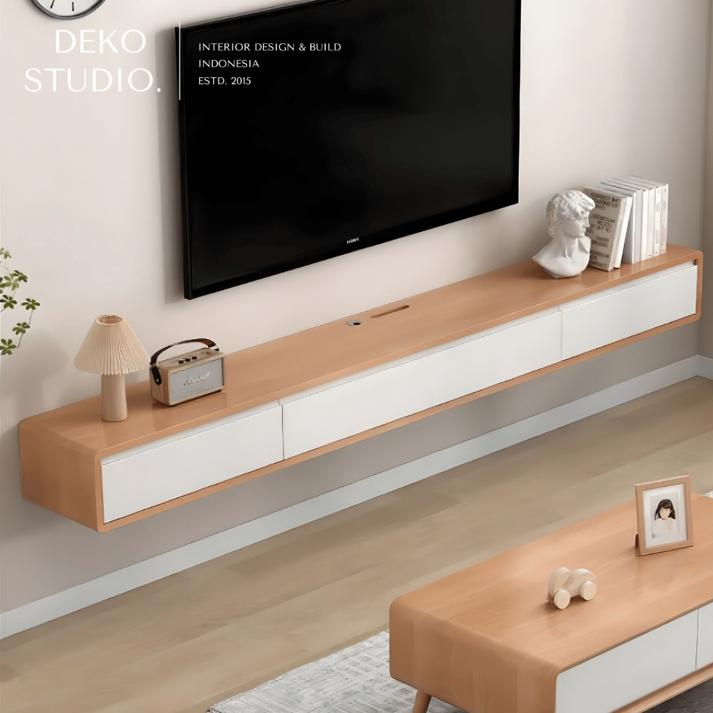 Meja TV Gantung Minimalis Japandi Rounded | Floating TV Cabinet Aesthetic Putih Kayu Natural Custom