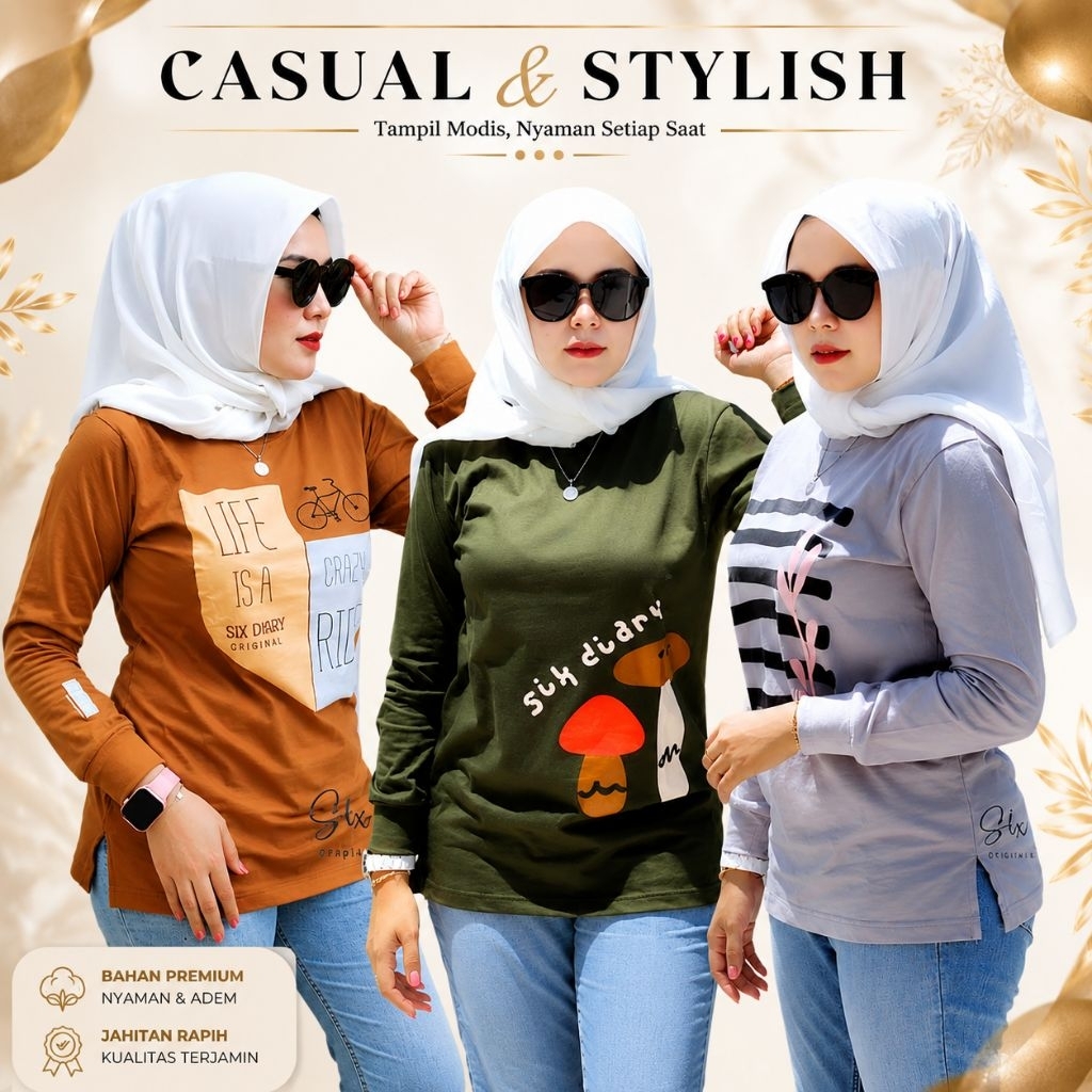 Six Diary Baju Kaos Wanita Lengan Panjang  Atasan Cewek Elegan