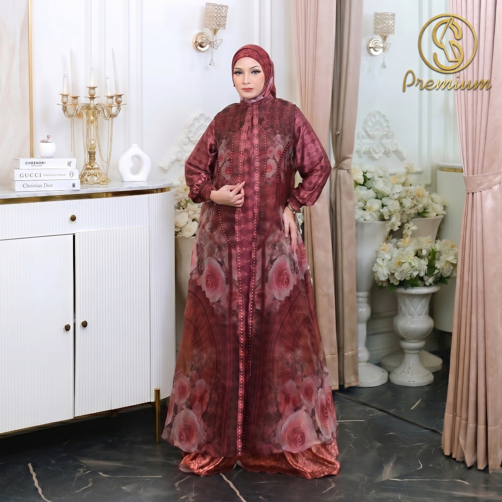 Sanlera Abaya By Soekha - Setelan Gamis Hijab dan Outer 3 in 1 Long Dress Pola Vintage Premium