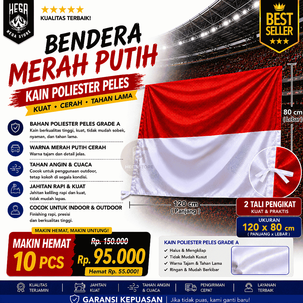 (10pcs) Bendera Merah Putih 120×80 cm – Kain Satin Peles Tebal, Tali Pengikat – untuk Tiang Rumah & 