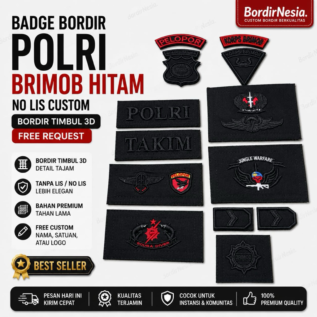 NEW ATRIBUT BRIMOB/PDL HITAM BRIMOB BORDIR TIMBUL 3D FREE CUSTOM EXCLUSIVE
