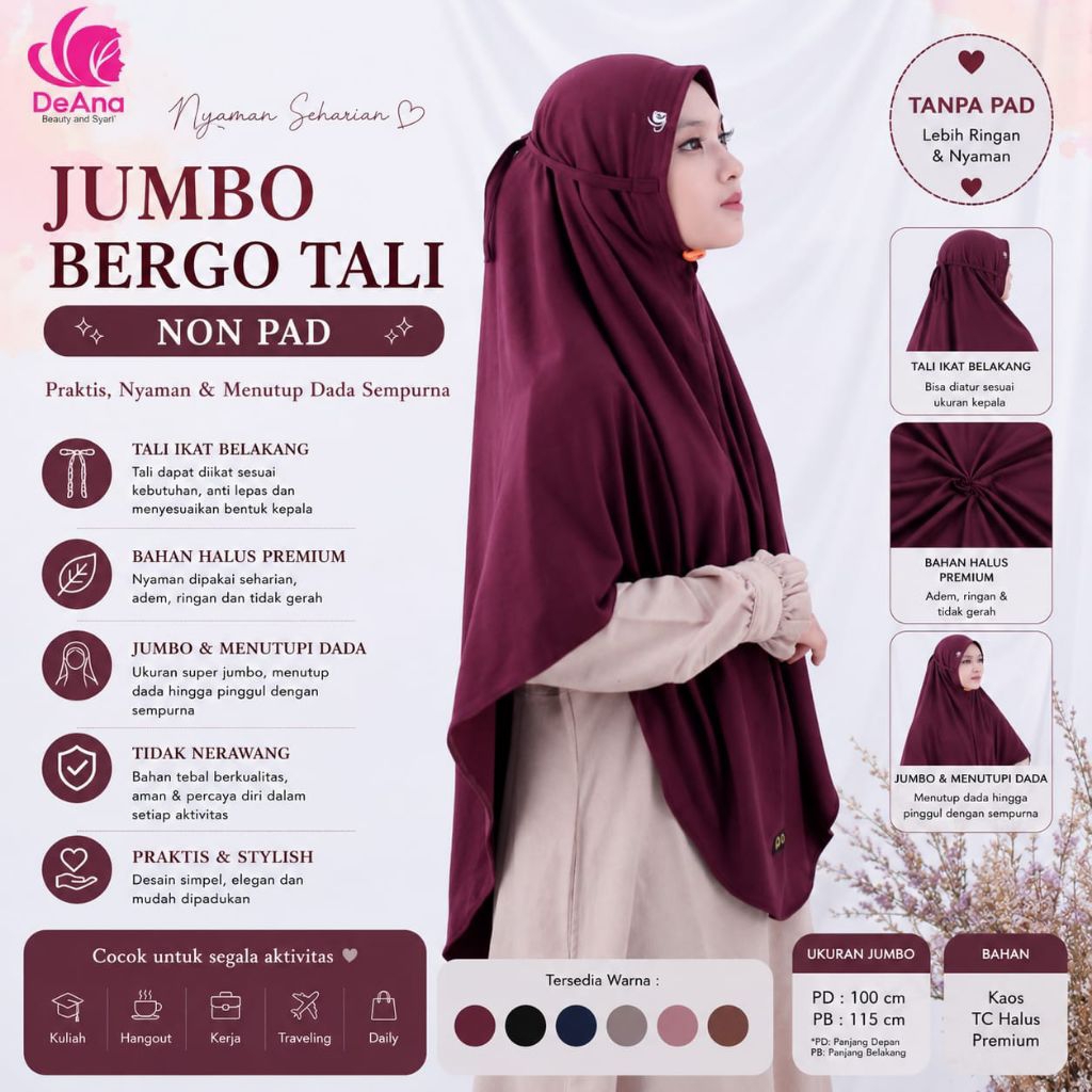 Hijab non pet tali jumbo bahan kaos TC halus