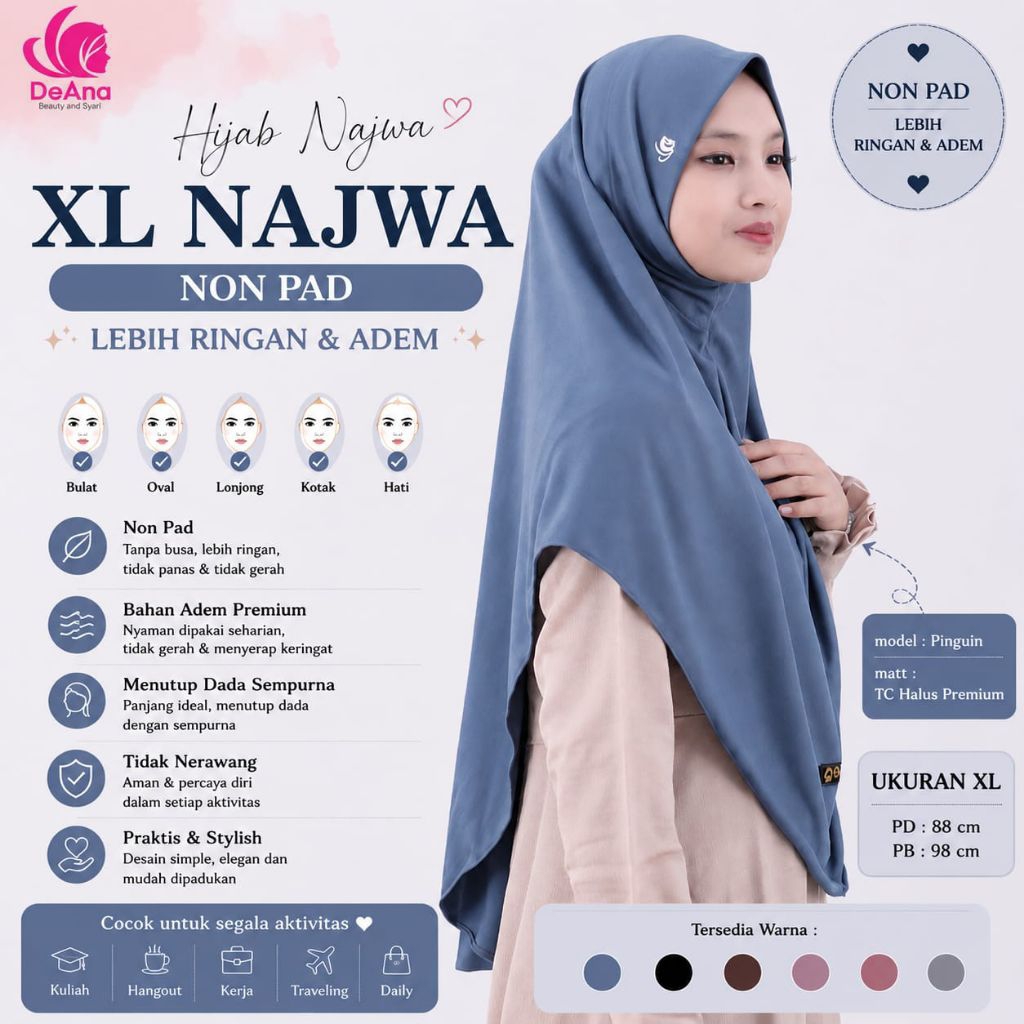 Hijab non pet pinguin size XL bahan kaos logo bordir