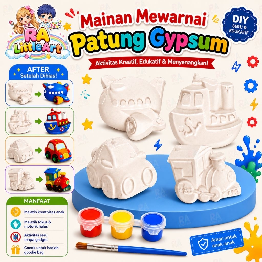 Mainan Mewarnai Patung Gypsum Anak DIY Edukasi – Pesawat Kapal Mobil Kereta + Cat & Kuas