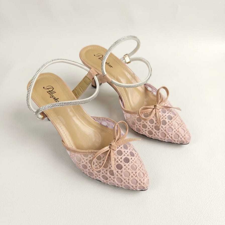 novisyahh Heels Wanita Brukat Pesta Kondangan Tali Permata Mewah Elegant Kitten Heels Kekinian Terba