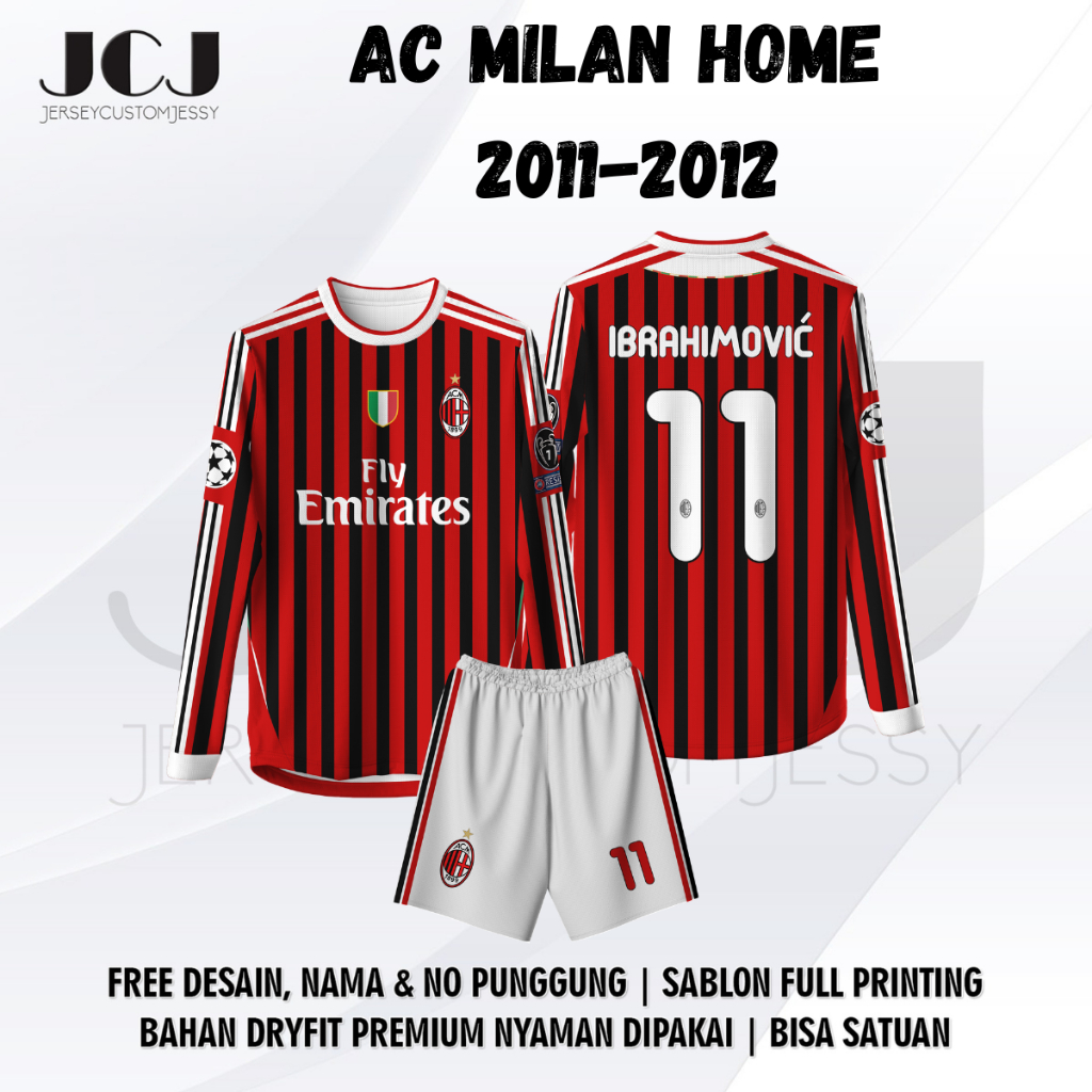 Jersey Bola AC MILAN HOME 2011-2012 Free custom nama dan nomor untuk dewasa dan anak anak Full Print