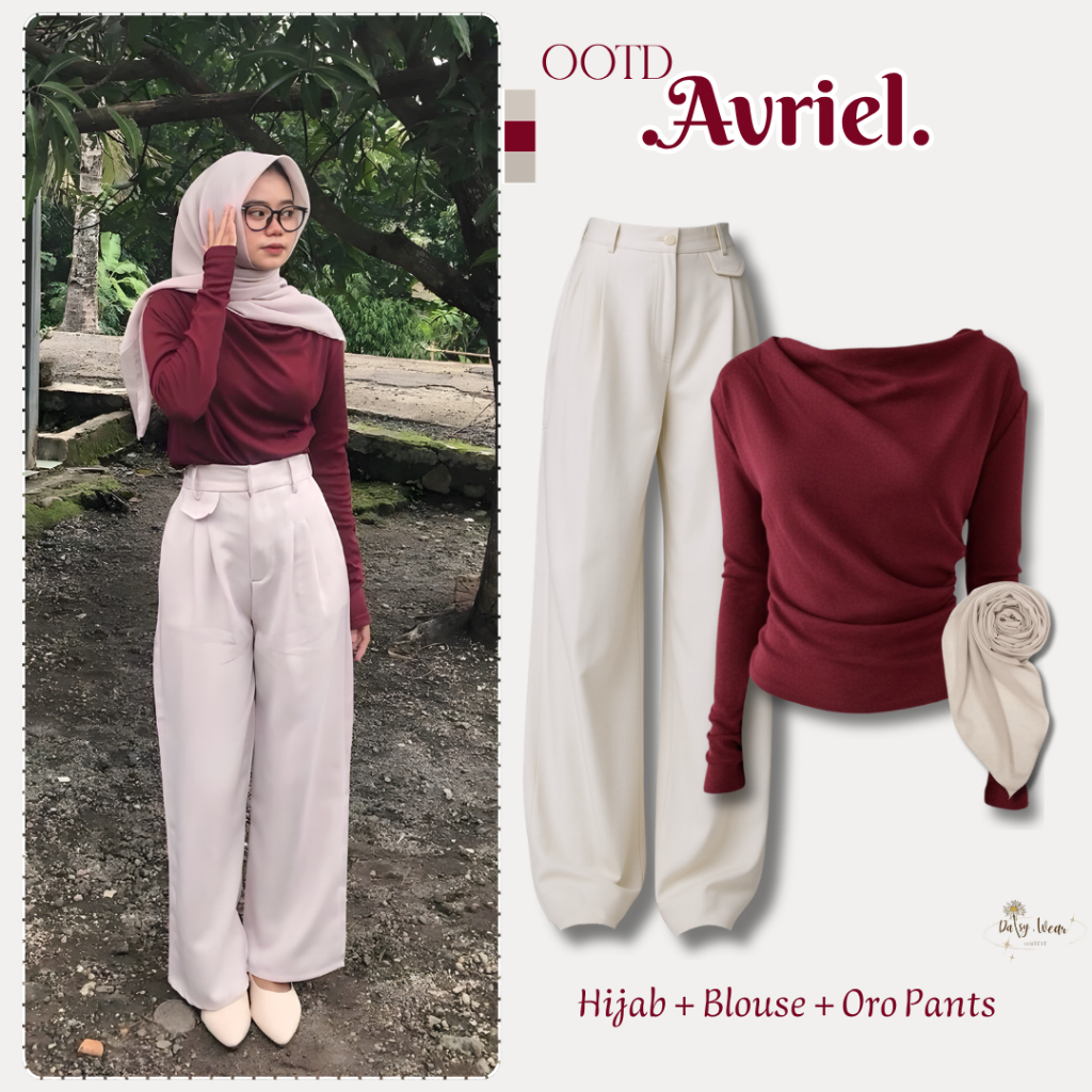Setelan Wanita 3in1 ( Blouse Knit Avril Maroon + Oro Pants Ivory Semiwoll + Hijab Bella Square Ivory