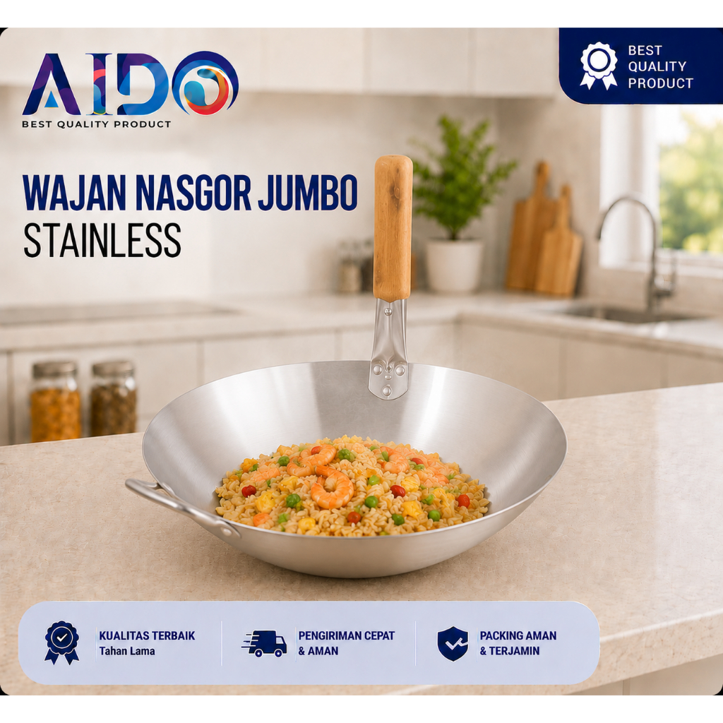 Wajan Nasi Goreng Stainless steel  Wajan Penggorengan gagang kayu Wajan Resto Chinese Food JUMBO