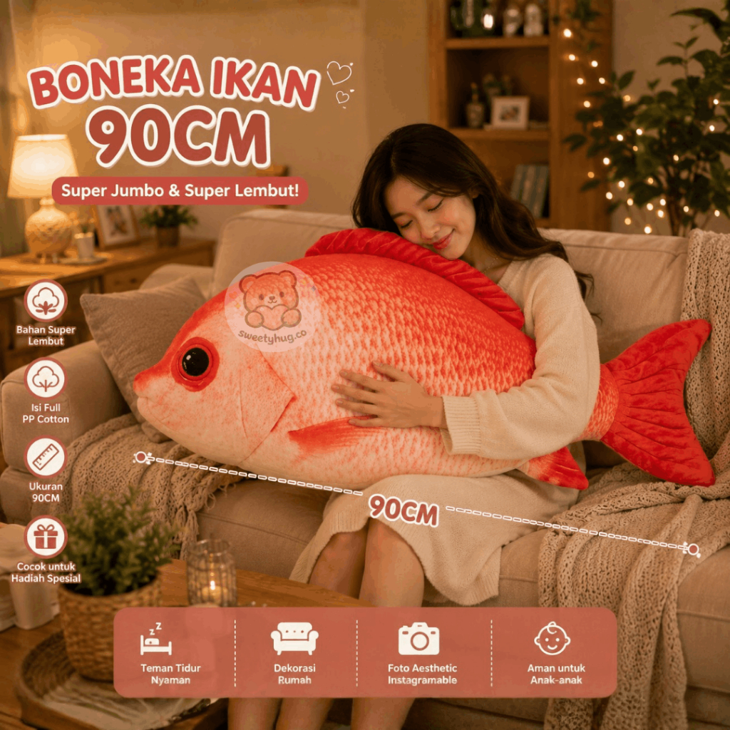SweetyHug.Co Bantal Boneka Ikan Kakap Merah Realistis 3D Jumbo