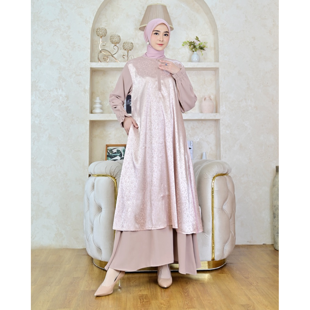 Terbaru Gamis Malaysia Bahan Armani Silk Motif Kombinasi Marbella Polos