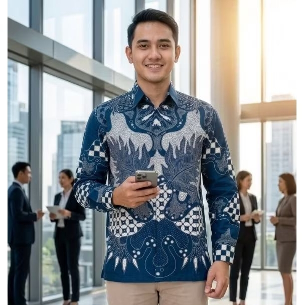 LENGAN PANJANG REGULER motif SEMBODRO NAVI Baju Batik Pria Kain Katun Lapisan Furing Baju Kantor Baj