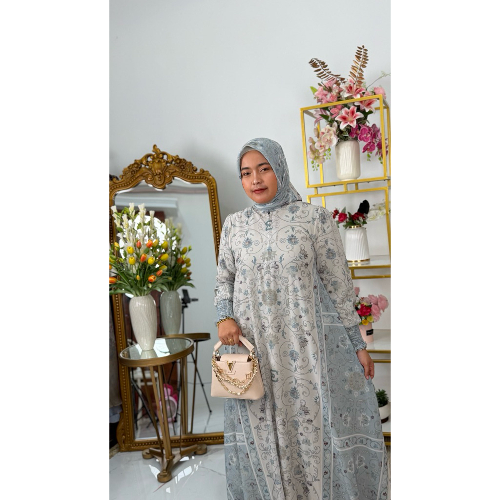 Gamis Printing Ice blue Hijab Voal by Eldeena syari