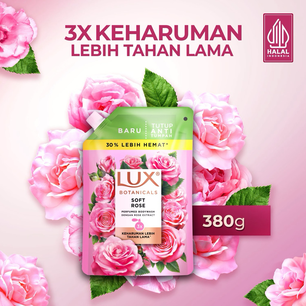 Lux Botanicals Body Wash Sabun Mandi Cair Soft Rose Pouch Refill 380g Terbaru