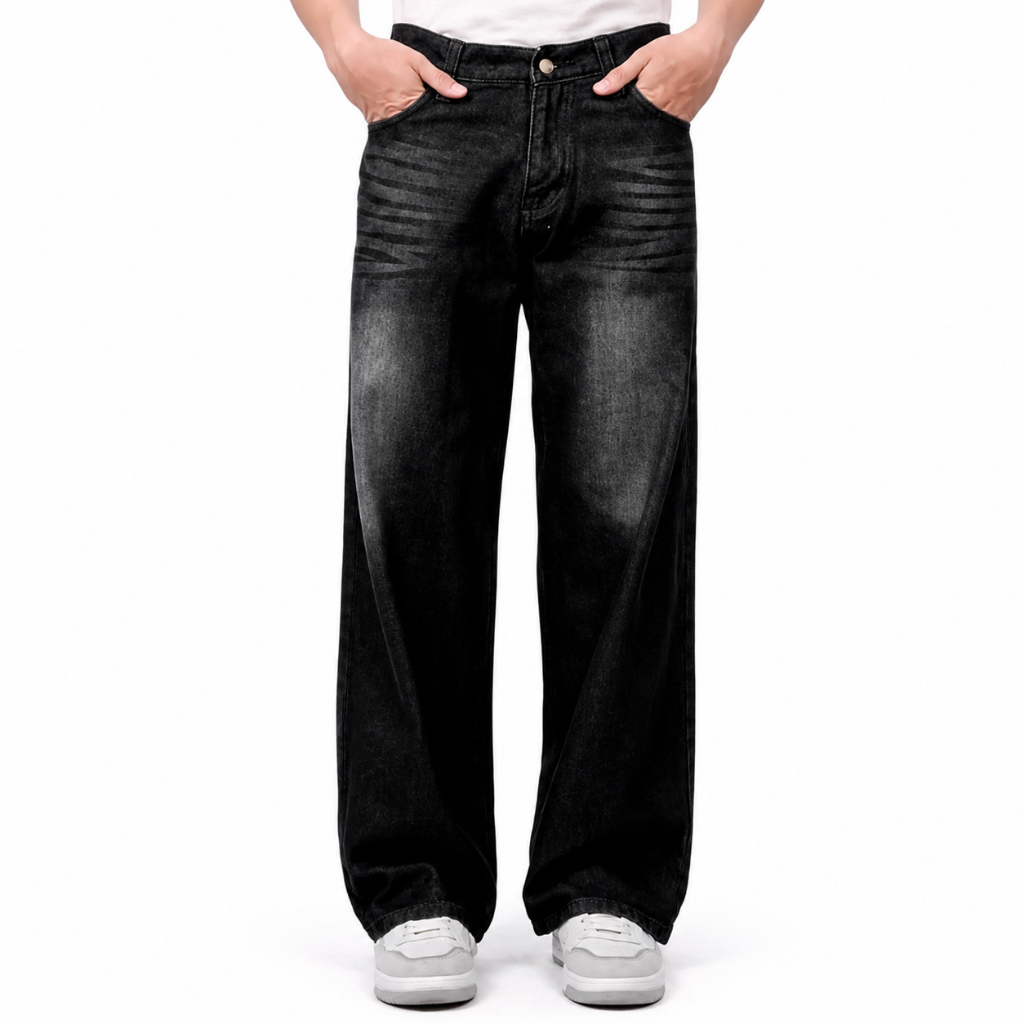 Celana Jeans Pria Baggy Loose Fit Straight Wisker Washed Oversize Reguler Gombrong 27-36
