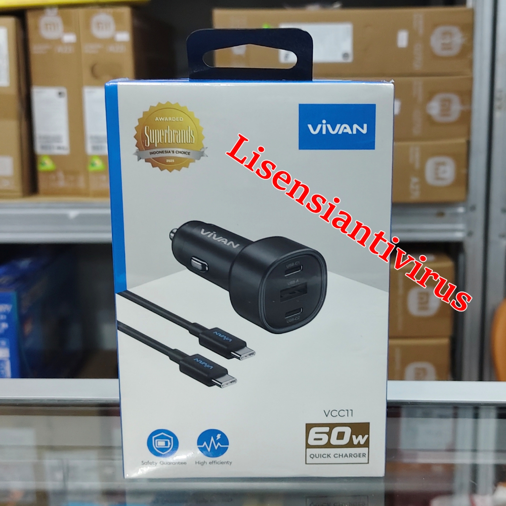 Charger Mobil untuk HP Merk VIVAN Car Charger VCC11 60W 3 Port USB-C USB-A Fast Charging PD QC3.0