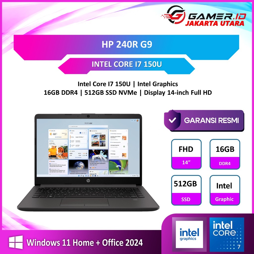 HP 240R G9 INTEL CORE I7 150U 16GB 512GB WINDOWS 11 LAYAR 14INCH FULL HD GARANSI RESMI