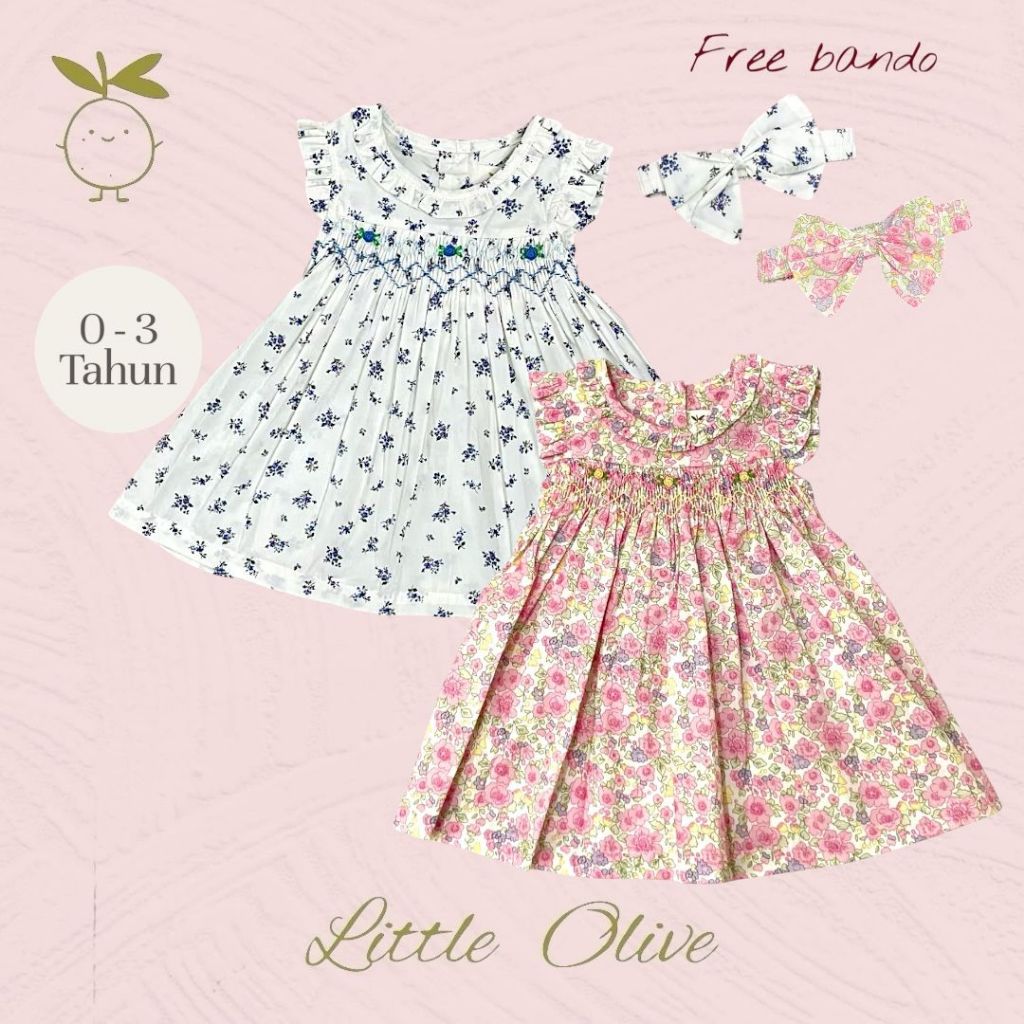 Little Olive- Katie Dress | 0-3 Tahun | Dress Anak Newborn | Baju Bayi | Motif Bunga smocked premium
