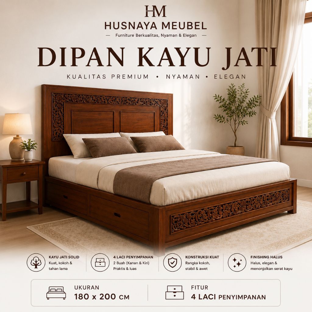 DIPAN KAYU JATI UKIR 180X200 4 LACI TEMPAT TIDUR MINIMALIS FULL JATI PREMIUM / TEMPAT TIDUR KAYU JAT