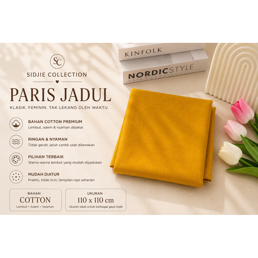 Kerudung Paris Jadul Premium Polos Segi Empat (MUSTARD Kuning Kunyit)