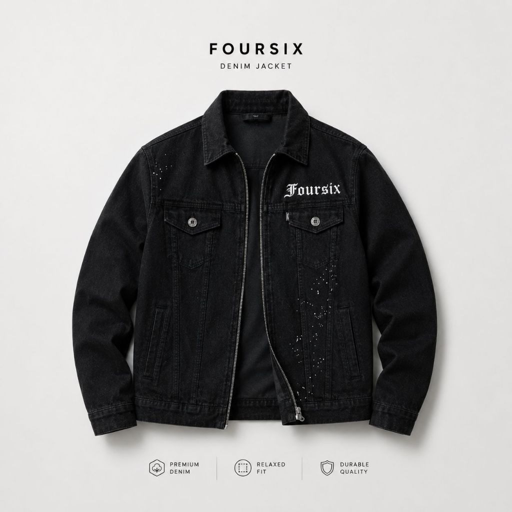 Jaket Denim Jeans Resleting Kombinasi Putih FOURSIX Kerah Shanghai Hitam Resleting