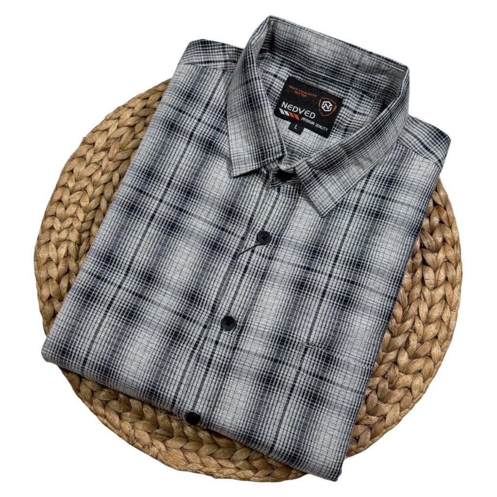 atasan kemeja lengan pendek pria bahan katun motif kotak kotak hem distro premium