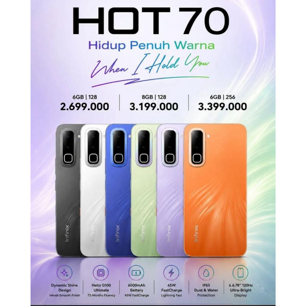 NEW INFINIX HOT 70 RAM 6/128GB |8/128GB |8/256GB HELIO G100 BATERAI 6000mAh  GARANSI RESMI
