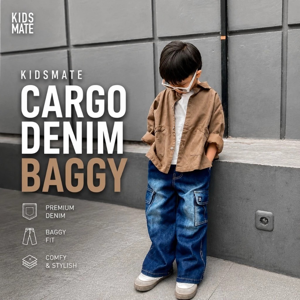 KRUCILKUU- CELANA ANAK CARGO DENIM BAGGY FULL KARET UMUR 1-10 TAHUN