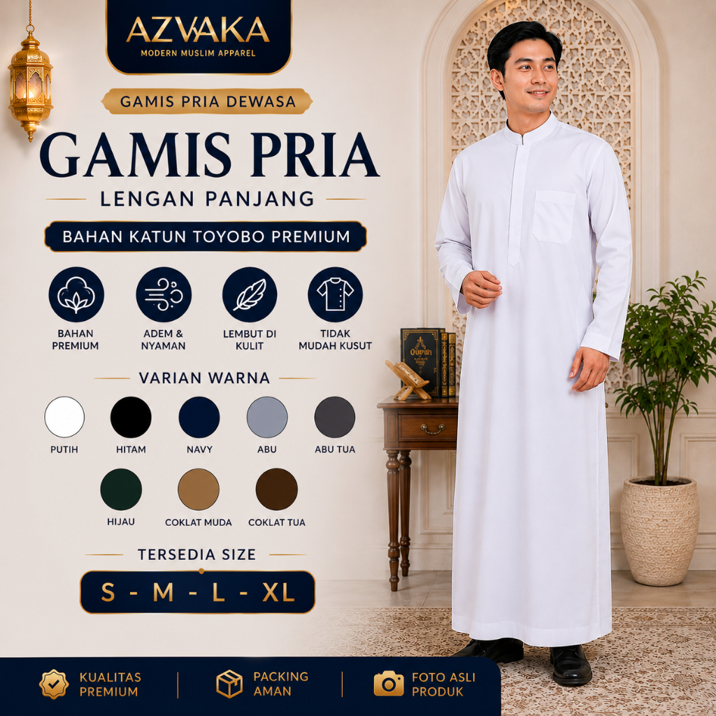 jubah gamis polos pria laki laki dewasa lengan panjang bahan toyobo warna putih hitam abu coklat