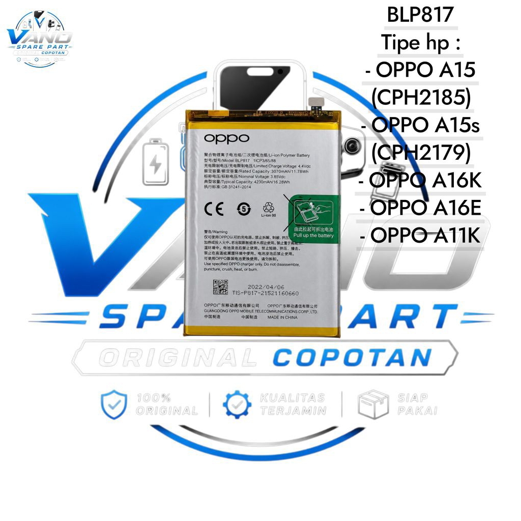 BATERAI BATRE OPPO A15 / A15S / A12 BATRE OPPO BLP817 ORIGINAL COPOTAN
