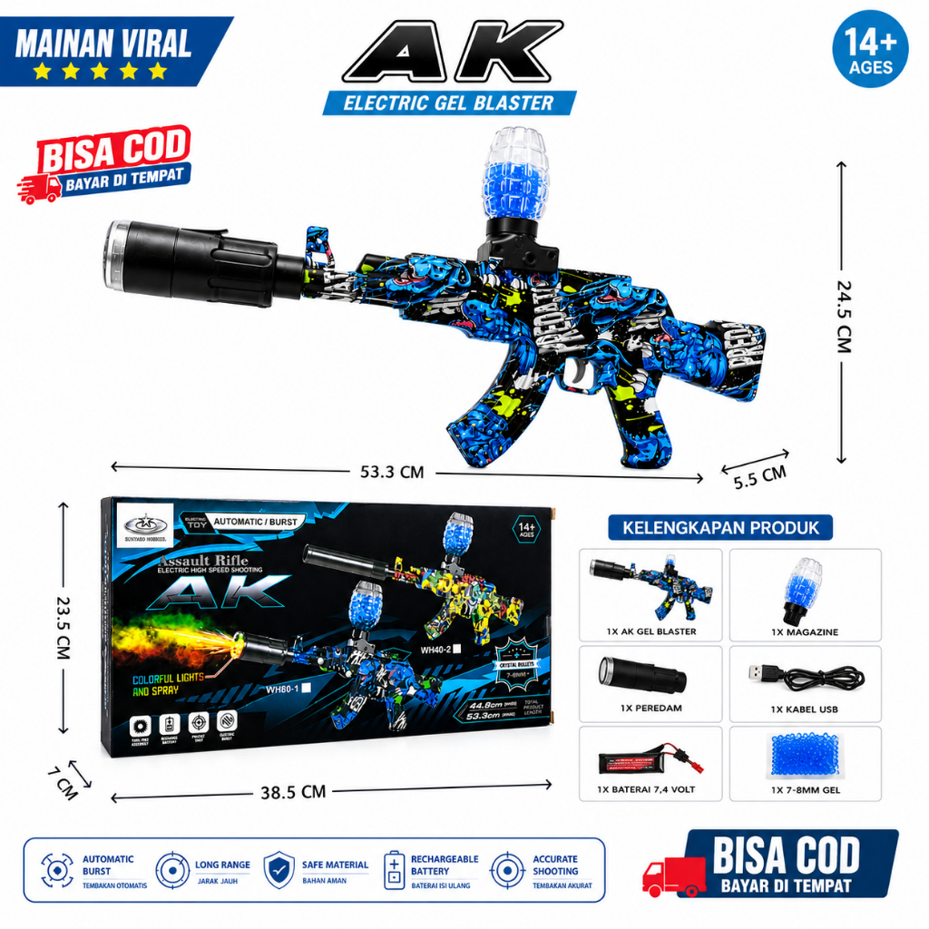 Mainan Tembak AK Gel Blaster Premium Fullset Peluru Gel Viral